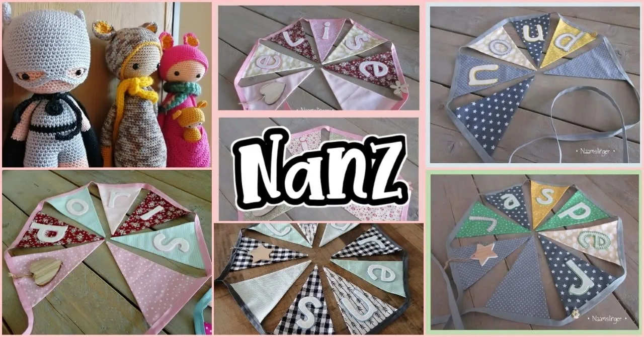 Collage van eerder gemaakte naamslingers en gehaakte werkstukken van Nanz